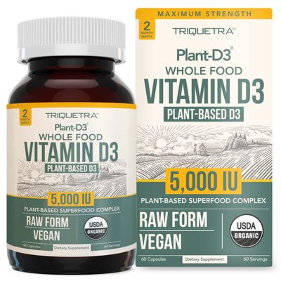 Organic Vitamin D3 5,000 IU - 100% Whole Food &amp; Plant-Based Cholecalciferol Form, 100% Vegan Vitamin D - Enhanced with Prebiotic &amp; Superfood Complex - Organic, Vegan, GMO &amp; Gluten Free (60 Capsules)