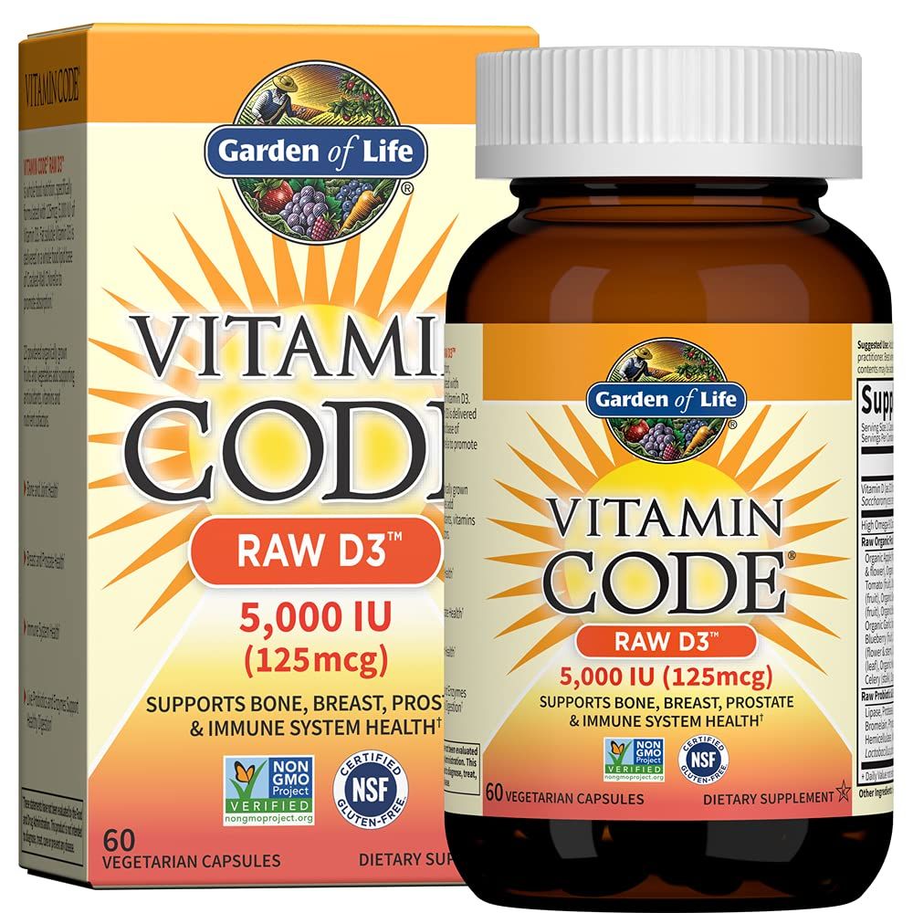 Garden of Life Vitamin D, Vitamin Code Raw D3, Vitamin D 5,000 IU, Raw Whole Food Vitamin D Supplements with Chlorella, Fruit, Veggies &amp; Probiotics for Bone &amp; Immune Health. 60 Vegetarian Capsules