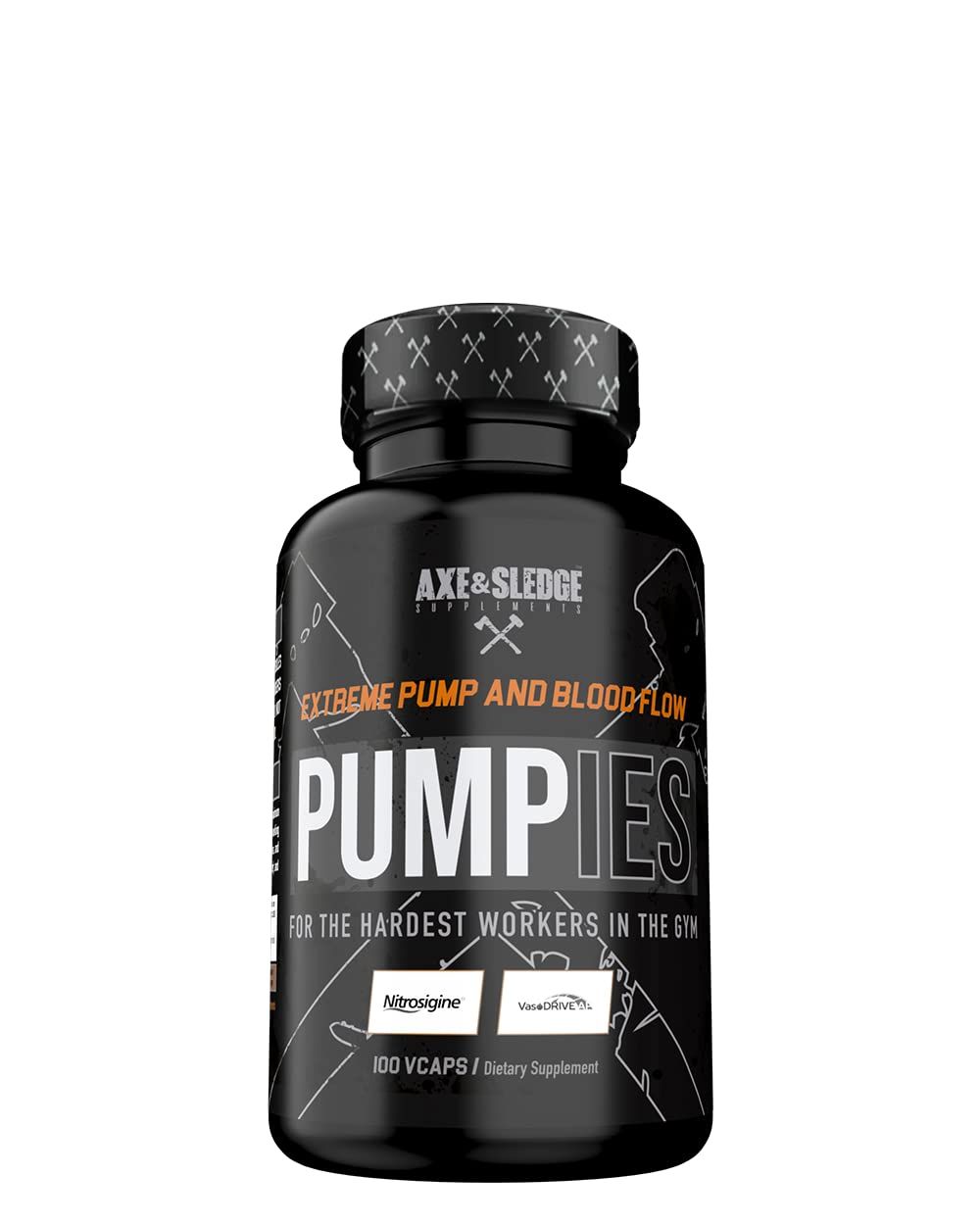 Axe &amp; Sledge Supplements PUMPIES Nitric Oxide Booster with VasoDrive-AP and Nitrosigine, Increase Pumps, Performance, and Recovery, 20 Servings, 100 Capsules
