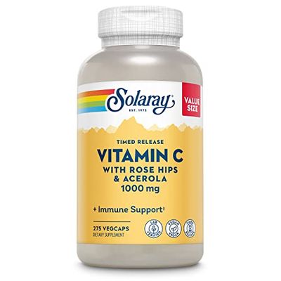 SOLARAY Vitamin C 1000mg Timed Release Capsules with Rose HIPS &amp; Acerola Bioflavonoids, Two-Stage for High Absorption &amp; All Day Immune Function Support, 60 Day Guarantee, 275 Servings, 275 VegCaps