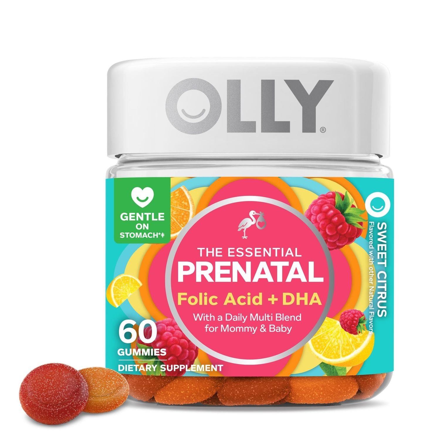 Olly The Essential Prenatal Gummy Multivitamin, 30 Day Supply ( Gummies), Sweet, Folic Acid, Vitamin D, Omega 3 DHA, Chewable Supplement, White Citrus, 60 Count (Pack of 1)