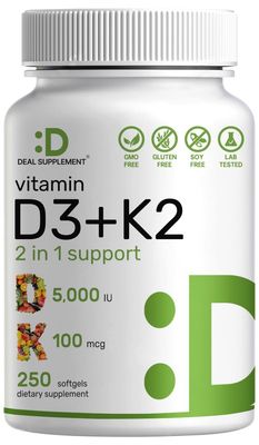 DEAL SUPPLEMENT Vitamin D3 K2 Softgel, 250 Count, 2-1 Complex, Vitamin D3 5000 IU &amp; Vitamin K2 MK7, Promotes Heart, Bone &amp; Teeth Health - Easy to Swallow