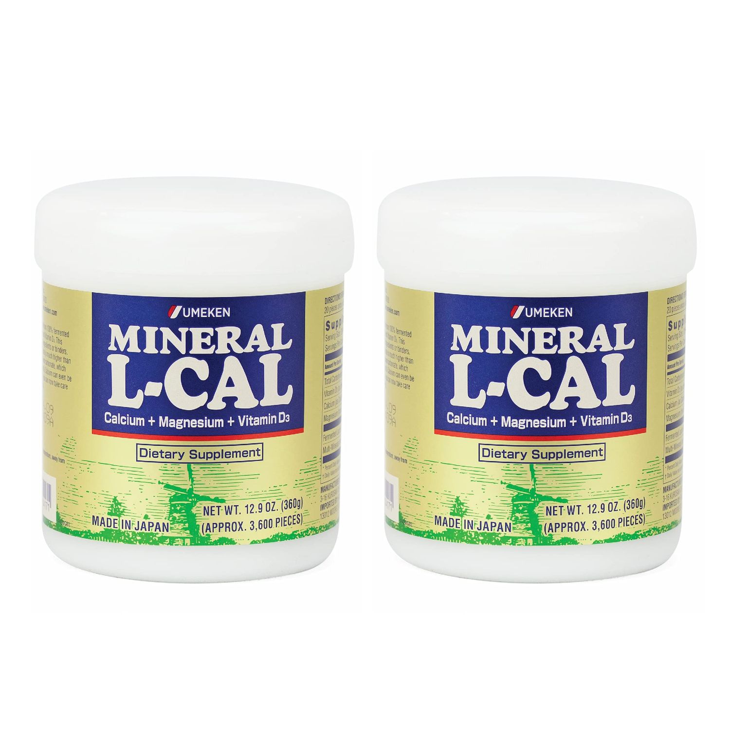Umeken Mineral L-Cal Supplement, Large Bottle, 6 Month Supply, Enriched with Magnesium, Vitamin D3 and Minerals, 360g, 3600 Balls (Pack of 2)