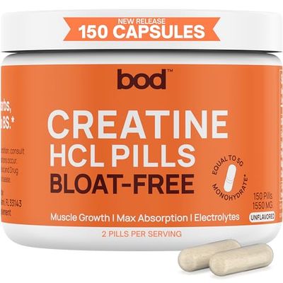 BOD Creatine Capsules HCL Pills for Muscle Support, Endurance, No Bloat, No Load, Monohydrate Micronized Alternative, Unflavored Creatine for Women and Men, Vegan, Keto, 150 Capsules, 75 Servings