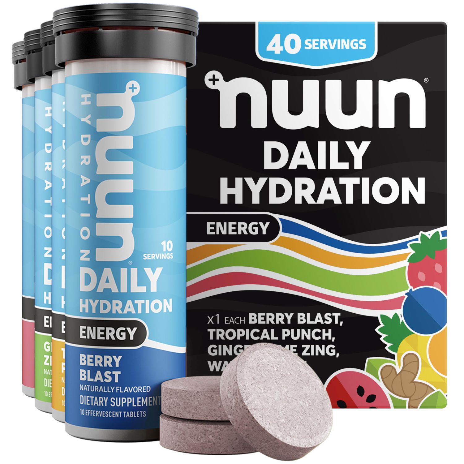 Nuun Hydration Energy Electrolyte Tablets with Caffeine, B Vitamins and Ginseng, Mixed Flavors, 5 Essential Electrolytes for Hydration, Vegan, Non-GMO, 4 Pack (40 Servings)