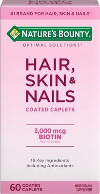 Nature&#39;s Bounty Optimal Solutions Hair, Skin &amp; Nails Formula, with 3,000 mcg Biotin, 60 Coated Caplets