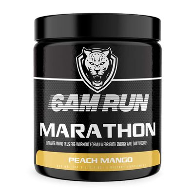 6AM Run Marathon, Pre Workout Powder for Distance Running, High Energy Amino Formula, for Cardio and Stamina, No Jitters, All Natural, Keto, Vegan, Peach Mango Flavor, 40 Servings