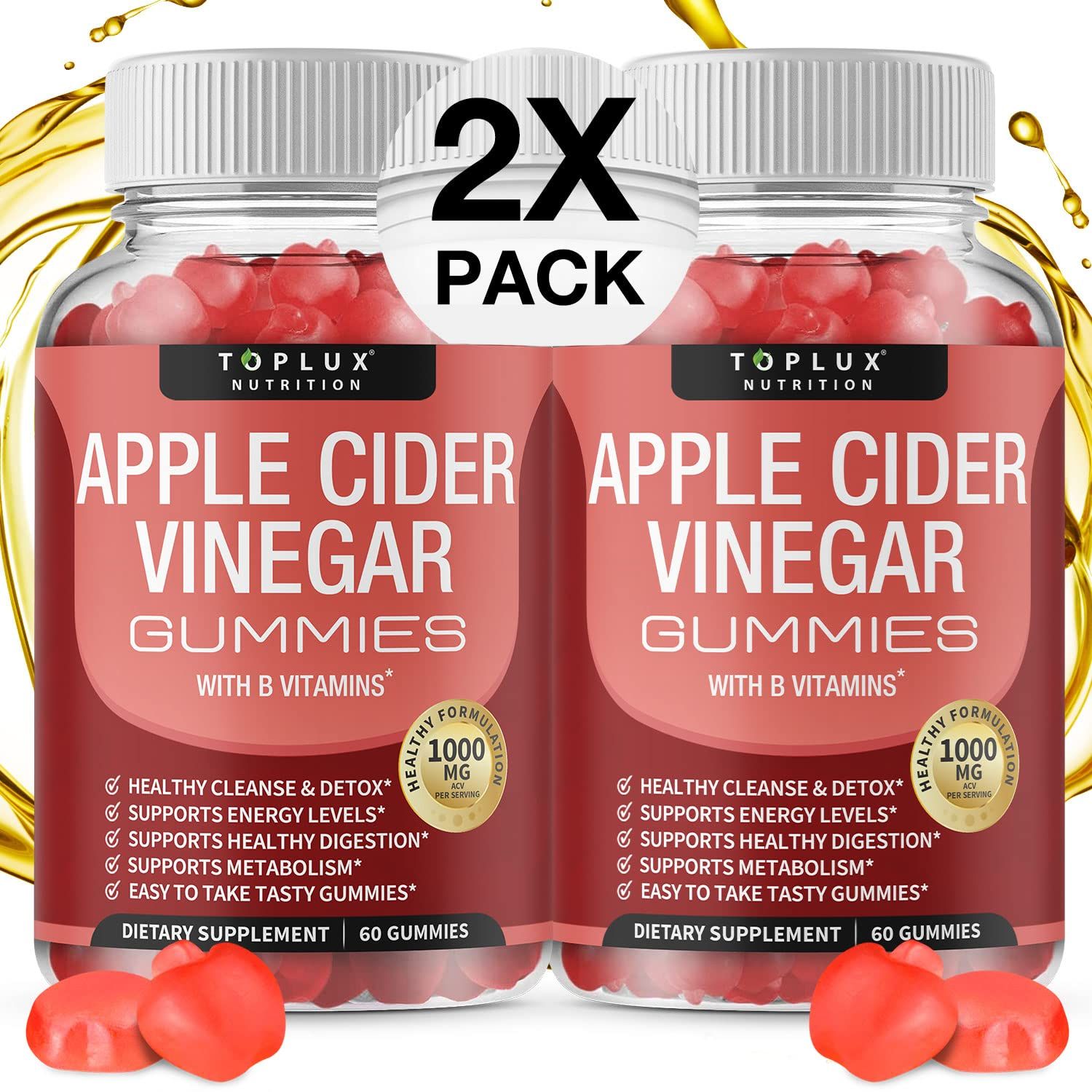 Toplux Apple Cider Vinegar Gummies - 1000mg ACV with B12, Beet Root, Pomegranate for Immune System, Detox &amp; Cleanse, Gummy Alternative to Apple Cider Vinegar Capsules, for Men Women 2X Pack