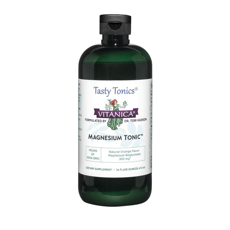 Vitanica Magnesium Tonic, Liquid Magnesium Bisglycinate Chelate 300 mg with Vitamin B6, Dr Formulated Supplement, Orange Flavor, Vegan, Gluten Free and Non-GMO,16 fl oz