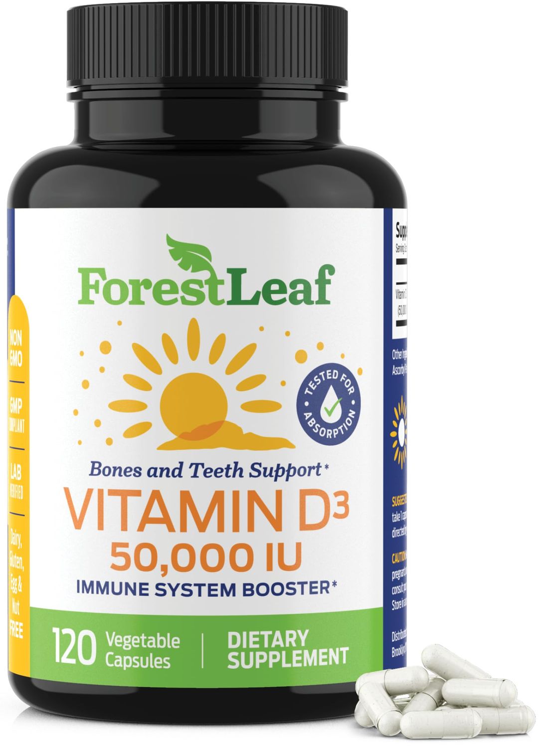 ForestLeaf Vitamin D3 50000 IU - Bone Health and Immune Support - Small Easy to Swallow Capsules - Non-GMO Gluten Free VIT D - VIT D3 Vitamin D Supplements for Women and Men, 120 Count