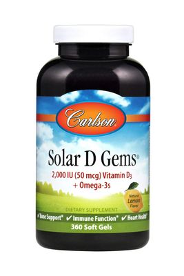 Carlson - Solar D Gems, Vitamin D3 and Omega-3 Supplement, 2000 IU Vitamin D3, 115 mg Omega-3s EPA and DHA, Vitamin D Fish Oil Capsule, Bone &amp; Immune Health, Vitamin D Supplement, Lemon, 360 Softgels
