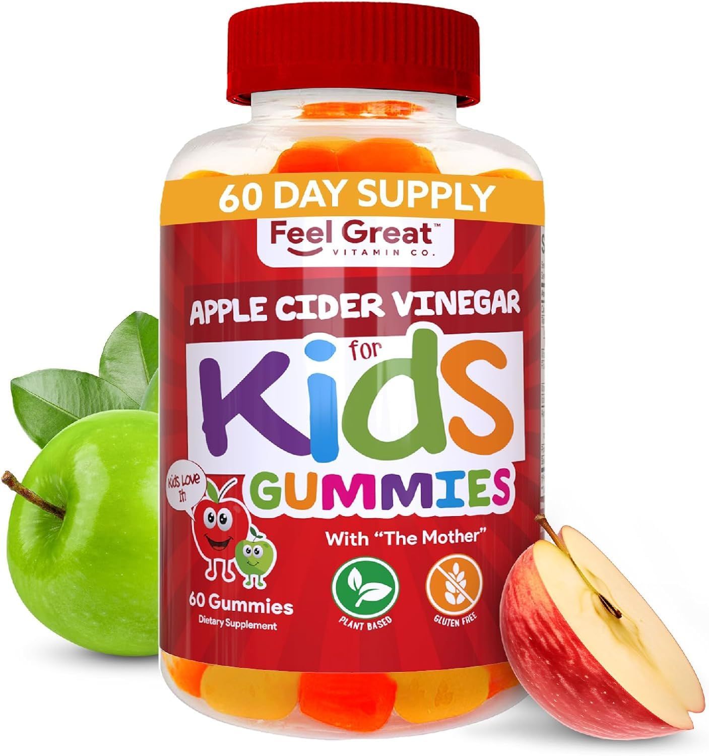 Feel Great Apple Cider Vinegar Gummies for Kids | Rich in Digestive Enzymes &amp; Natural Antioxidants for Gut Health | Vegan Gummy Supports Healthy Nutrient Absorption | 60 Day Supply