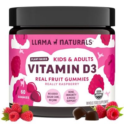 Llama Naturals Real Fruit Vitamin D3 Gummies Kids &amp; Adults; No Added Sugar Cane, Organic, Vegan, Healthy Bones, Immunity, Mood, for Women, Men, Children; 200% DV Each; 60 ct (30-60 Days) (Raspberry)