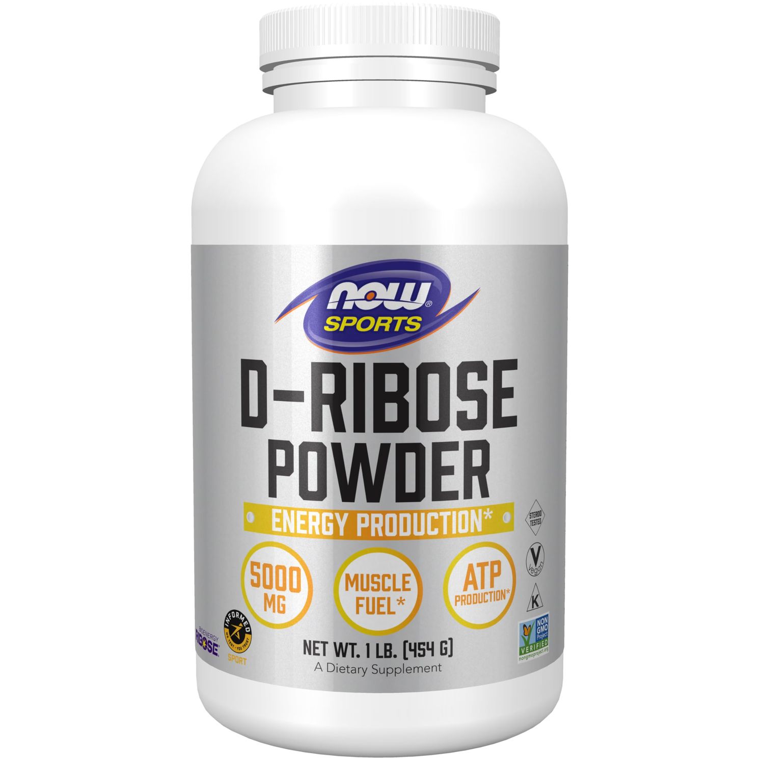 NOW Sports Nutrition, D-Ribose Powder 5000 mg, Certified Non-GMO, Energy Production*, 16-Ounce