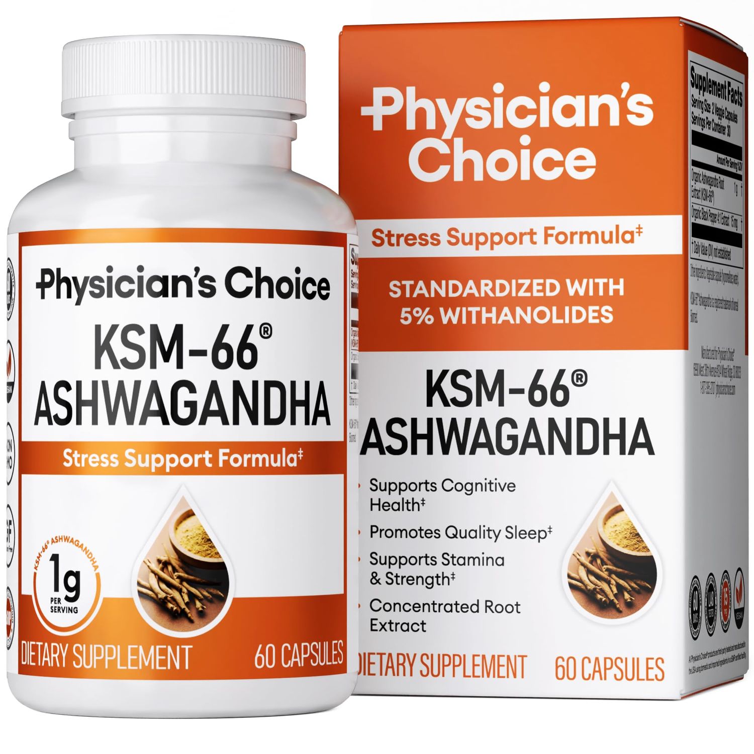 KSM-66 Ashwagandha Root Powder Extract - Stress, Mood, &amp; Athletic Support - 1,000 MG of Clinically Studied KSM66 &amp; Black Pepper for Maximum Absorption - 5% Withanolides - 60 Vegan Capsules