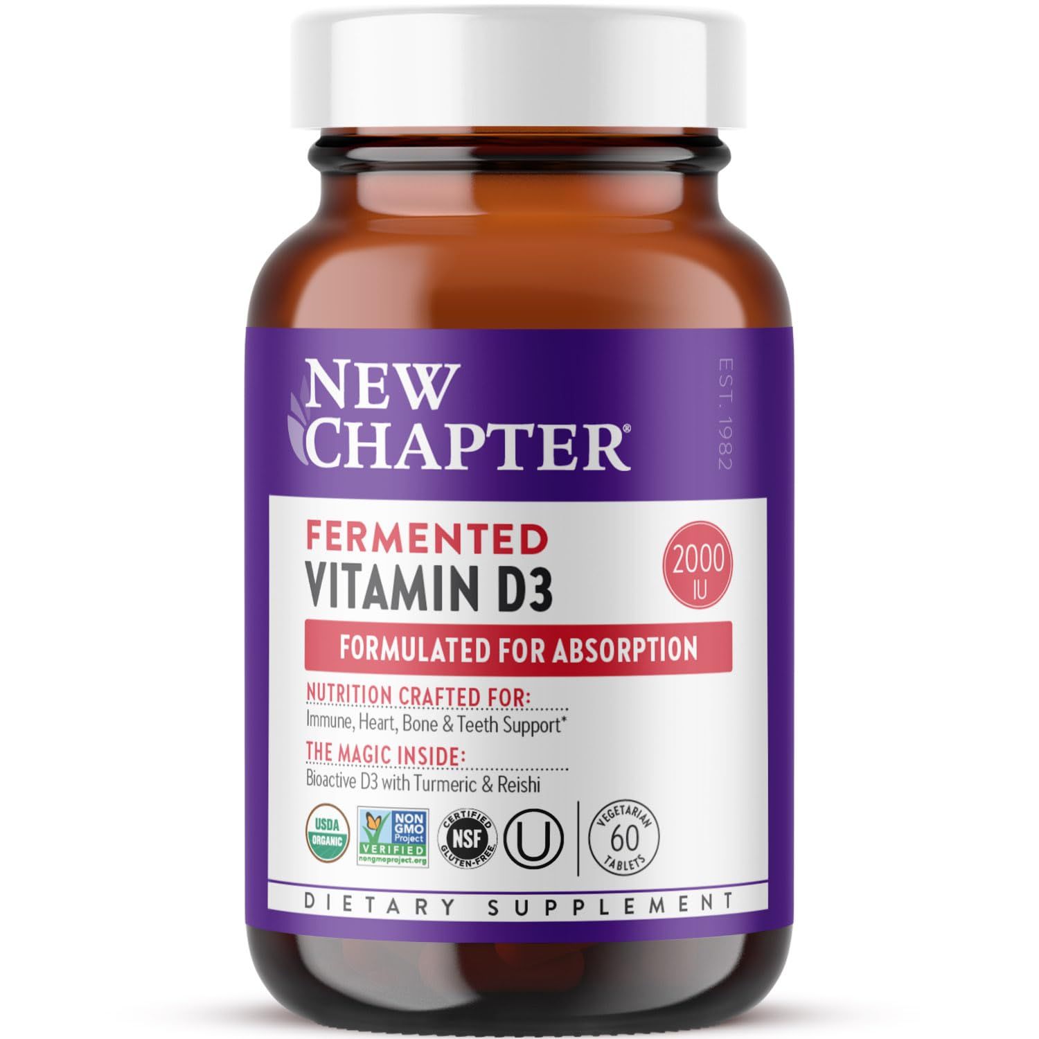 New Chapter Fermented Vitamin D3 2,000 IU, Organic, ONE Daily for Immune, Heart &amp; Bone Support + Whole-Food Turmeric, Adaptogenic Reishi Mushroom, 100% Vegetarian, Gluten Free, 60 Count