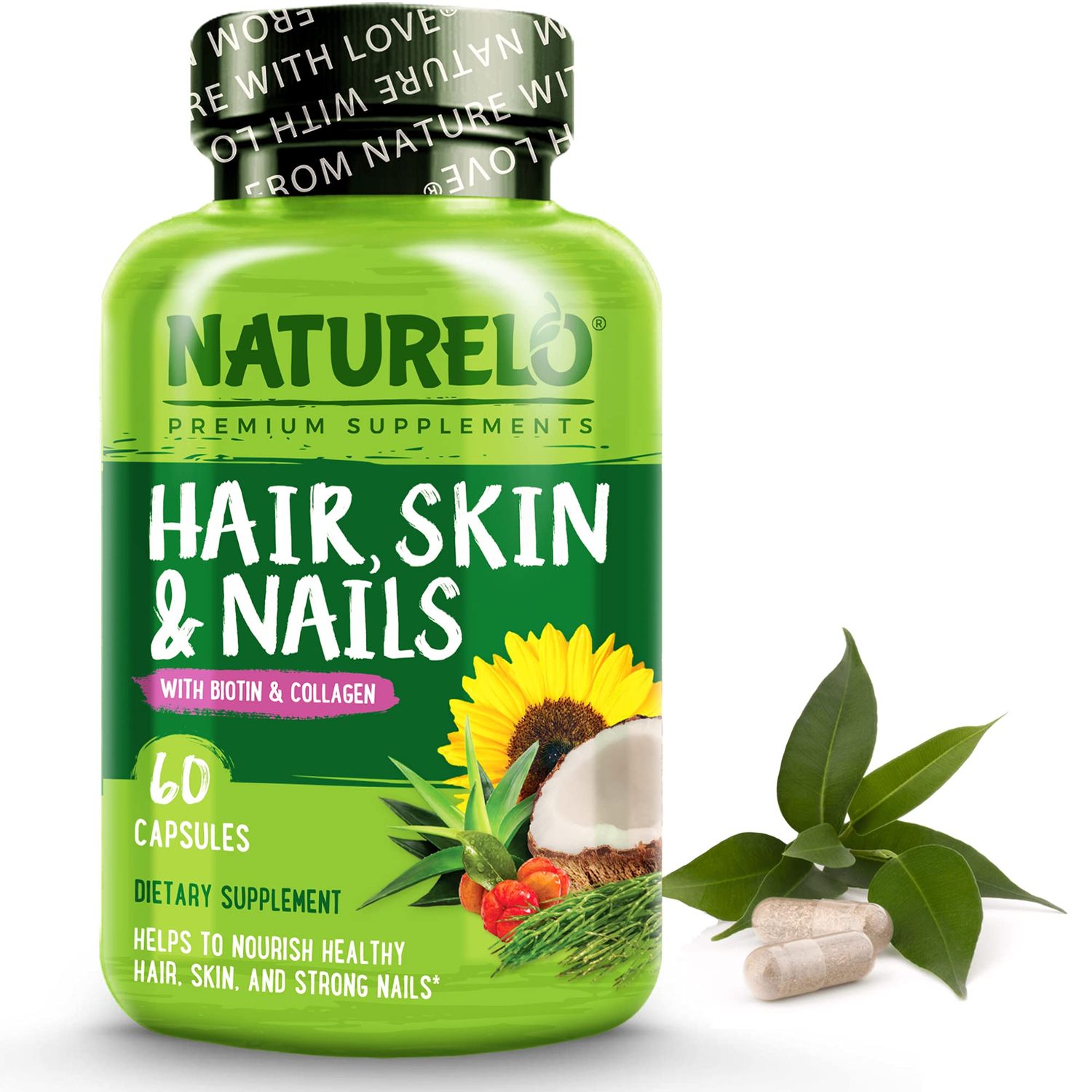 NATURELO Hair, Skin and Nails Vitamins - 5000 mcg Biotin, Collagen, Natural Vitamin E - Supplement for Healthy Skin, Hair Growth for Women and Men - 60 Capsules