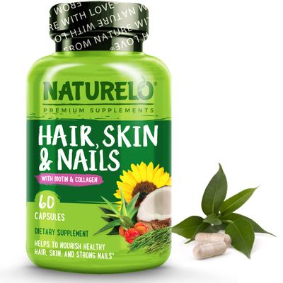 NATURELO Hair, Skin and Nails Vitamins - 5000 mcg Biotin, Collagen, Natural Vitamin E - Supplement for Healthy Skin, Hair Growth for Women and Men - 60 Capsules