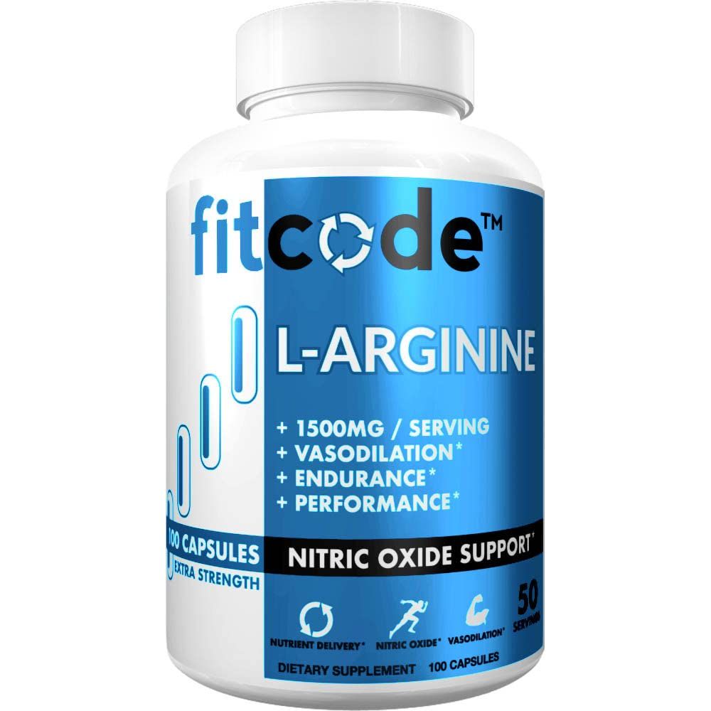 fitcode Pure Extra Strength L-Arginine HCl 1500mg, Nitric Oxide Supplement for Vascularity, Pumps, Endurance, Performance, Muscle Growth, Energy, Powerful N.O. Muscle Pump Capsules (50 Servings)