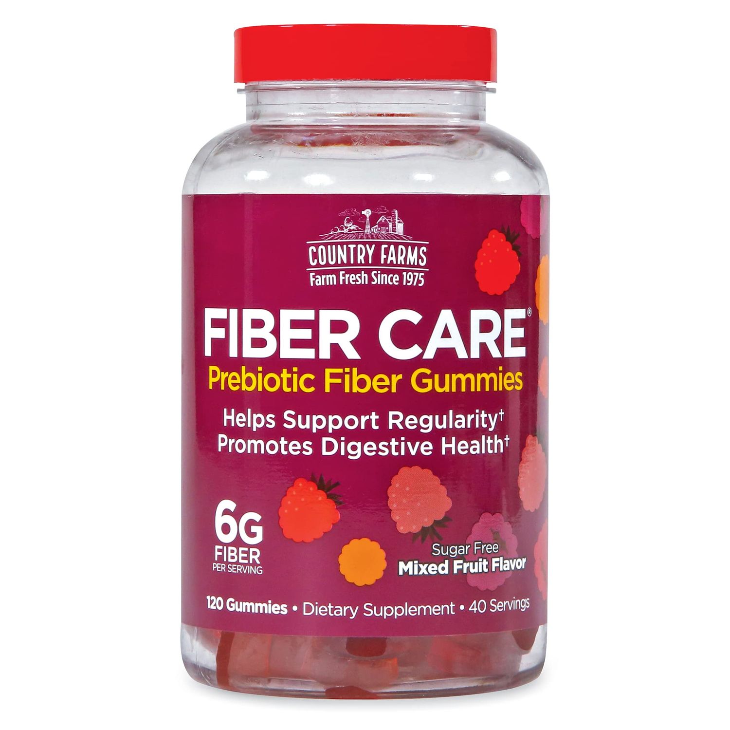 Country Farms Fiber Care Prebiotic Gummies, 6g of Fiber Per Serving, FOS from Beets, Digestive Health, Supports Regularity, Mixed Fruit Flavor, 120 Gummies, 40 Servings, Multi