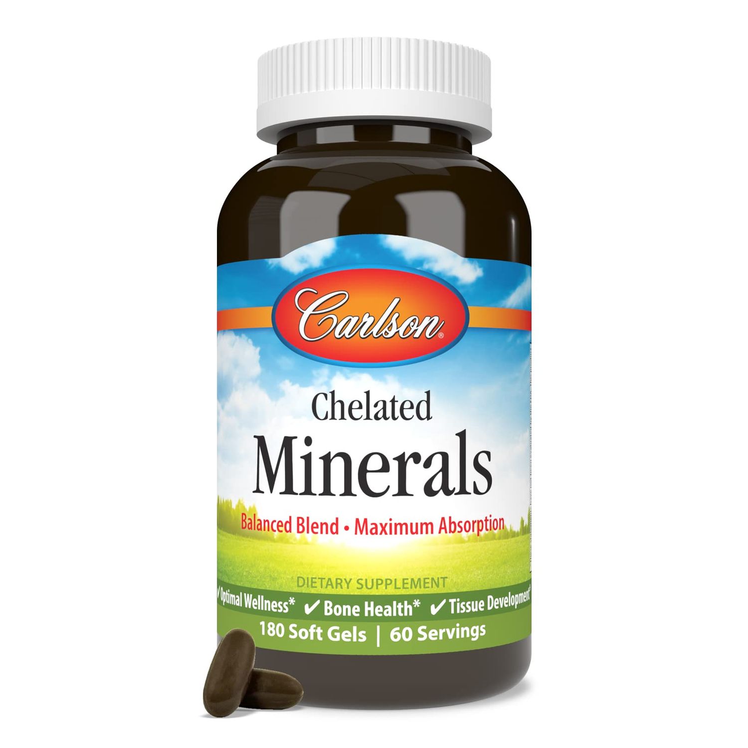 Carlson - Chelated Minerals, Balanced Blend - Maximum Absorption, Optimal Wellness, Bone Health &amp; Tissue Development, 180 soft gels