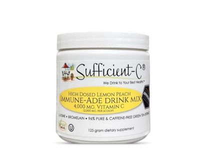 Sufficient-C High Dose Non-GMO Vitamin C Lemon Peach Immune-Ade Drink Mix, Convenient 125 Gram Size w/L-lysine, Bromelain &amp; a Premium 96% Pure Green Tea Extract - Stomach Friendly, Adrenal Supportive