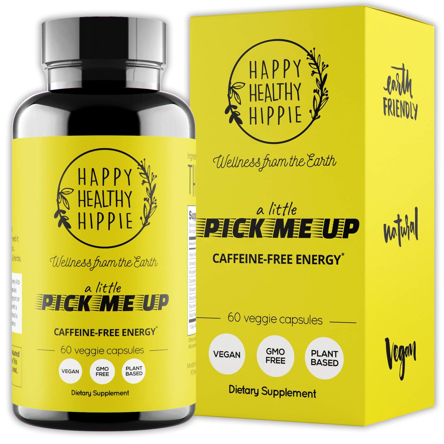 Happy Healthy Hippie Natural Energy Pills - Caffeine Free Happy Pills for Energy, Metabolism, Mental Power - 7 Herbs &amp; Absorption Enhancing Piperine - Vegan, Non-GMO, 60 Pills