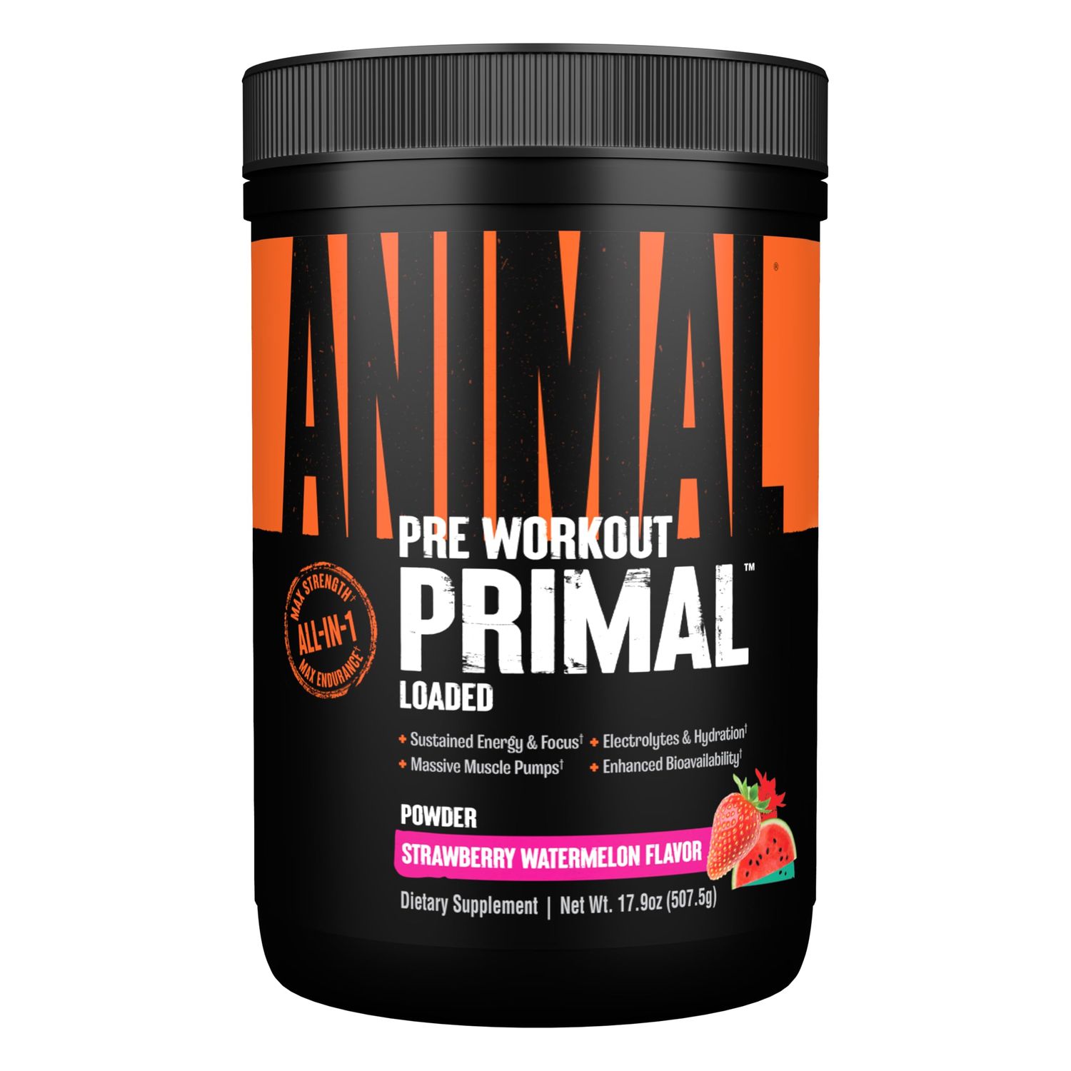 Animal Primal Muscle Hydration + Preworkout Powder - Contains Beta Alanine, 3DPump, Caffeine &amp; Electrolytes - Improves Energy, Focus, Endurance &amp; Absorption - Strawberry Watermelon Flavor, 17.9 oz