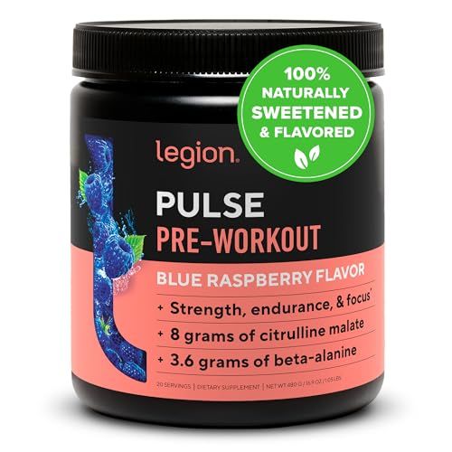 LEGION- All Natural Nitric Oxide Preworkout Drink to Boost Energy, Creatine Free, Naturally Sweetened, Beta Alanine, Citrulline, Alpha GPC (Blue Raspberry)