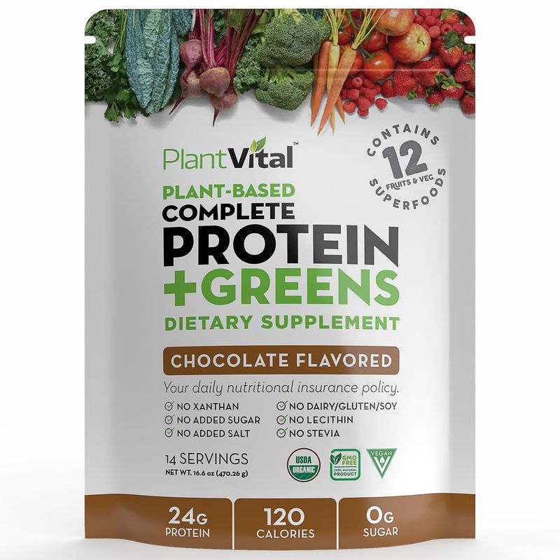 PlantVital Vegan Protein Powder Plant Based, Organic Protein Powder Chocolate, 24g/0g sugar, 12 Superfoods, Veggies, Probiotics, Raw Cocoa, Kale, Beets, Spirulina, Pea, Gluten-Free, Keto-Friendly,16oz