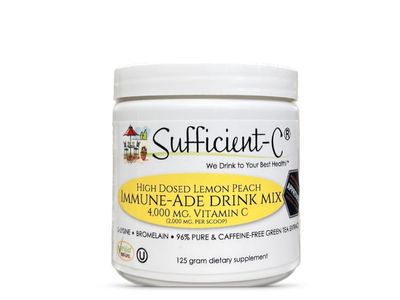 Sufficient-C High Dose Non-GMO Vitamin C Lemon Peach Immune-Ade Drink Mix, Convenient 125 Gram Size w/L-lysine, Bromelain &amp; a Premium 96% Pure Green Tea Extract - Stomach Friendly, Adrenal Supportive