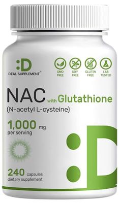 Deal Supplement NAC Supplement (N-Acetyl Cysteine) 1,000mg Per Serving with Reduced Glutathione, 240 Capsules - Antioxidant Support for Immune Health, Lung, &amp; Liver Function
