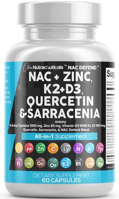 Clean Nutraceuticals NAC Supplement N-Acetyl Cysteine Vitamin D3 K2 Zinc Quercetin Sarracenia Purpurea with Elderberry Holy Basil Bee Propolis Bromelain L-Lysine - 60 Count