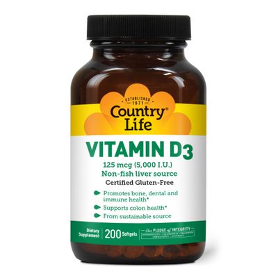 Country Life Vitamin D3 5000 IU for Immune and Bone Health, Calcium Absorption, and Colon Health - Sustainable Source from Lanolin, Available in Various Strengths