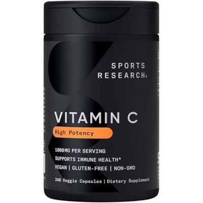 Sports Research High Potency Vitamin C Supplement - Vegan Veggie Capsules for Antioxidant Activity &amp; Immune Support - Non-GMO Verified &amp; Gluten Free - Ascorbic Acid Vitamin C 1000mg, 240 Count