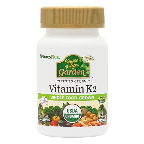 Natures Plus Source of Life Garden Certified Organic Vitamin K2-120 mcg, 60 Vegan Capsules - Bone Health Supplement - with Natural Whole Food Enzymes - Vegetarian, Gluten-Free - 60 Servings