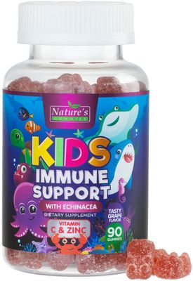 Kids Immune Support Gummies with Echinacea, Zinc &amp; Vitamin C - Berry Flavor Chewable Kids Immunity Gummy Support, Non-GMO Gluten-Free Vegan - Daily Childrens Vitamins with Immune Support - 90 Gummies