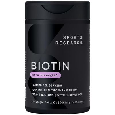Sports Research Vegan Biotin 5000mcg with Organic Coconut Oil - Extra Strength Biotin Vitamin B7 for Healthier Hair &amp; Skin + Keratin Support - Non-GMO &amp; Gluten Free, 120 Softgels (4 Month Supply)