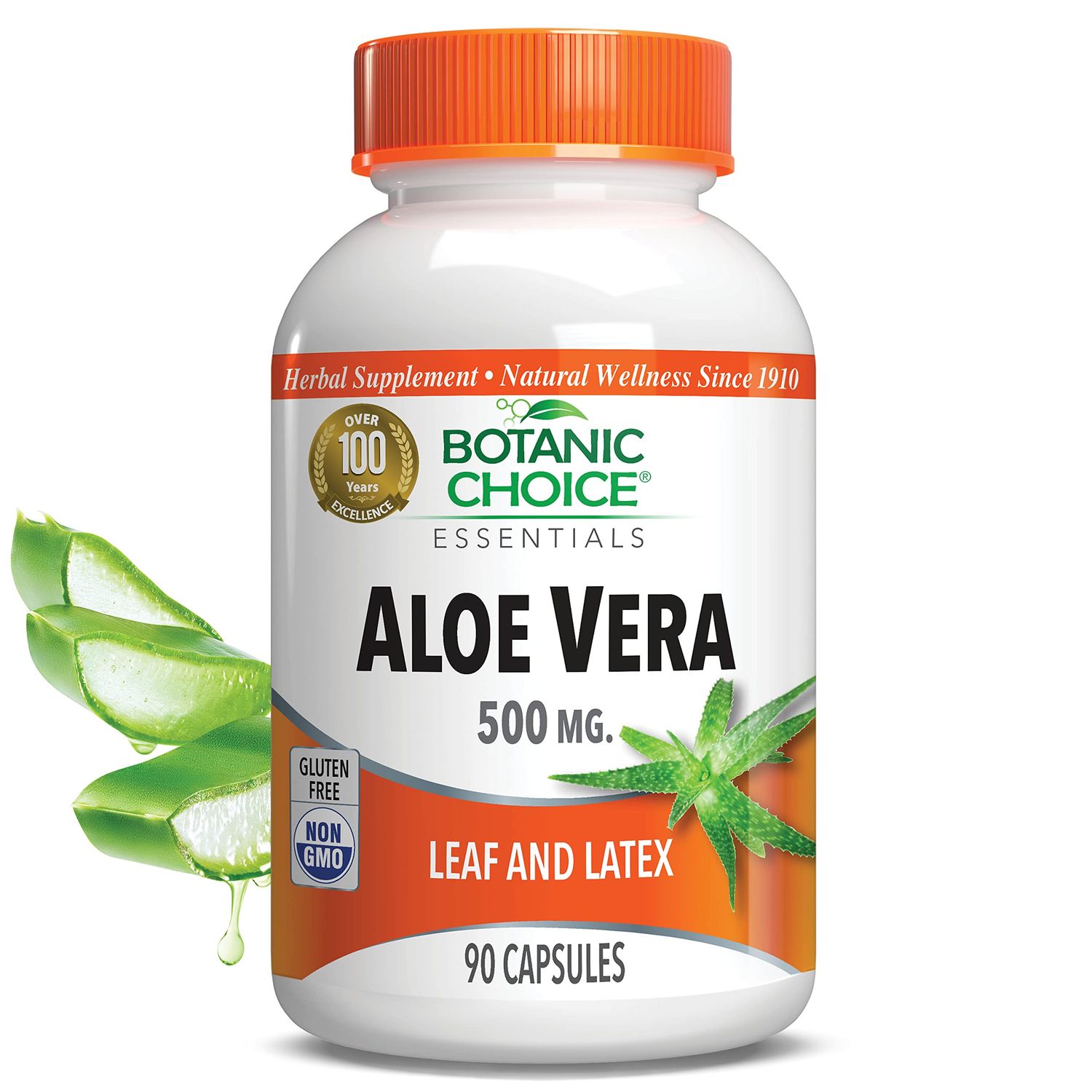 Aloe Vera- Leaf and Latex, Digestive, Liver, Stomach health-Contains Amino Acids, Vitamins, Minerals, Enzymes- 500mg-Gluten Free, Non-GMO-90 capsules