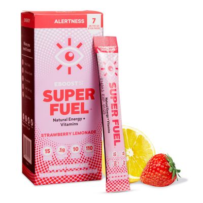 EBOOST Energy Drink Powder, Super Fuel - Strawberry Lemonade, 7 Packets - Pre-Workout Powder Energy Drink Mix - Natural Energy, L-Tyrosine, L-Theanine &amp; Vitamins - Preworkout for Women &amp; Men to Go