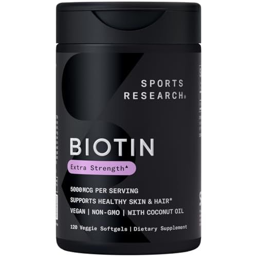 Sports Research Vegan Biotin 5000mcg with Organic Coconut Oil - Extra Strength Biotin Vitamin B7 for Healthier Hair &amp; Skin + Keratin Support - Non-GMO &amp; Gluten Free, 120 Softgels (4 Month Supply)
