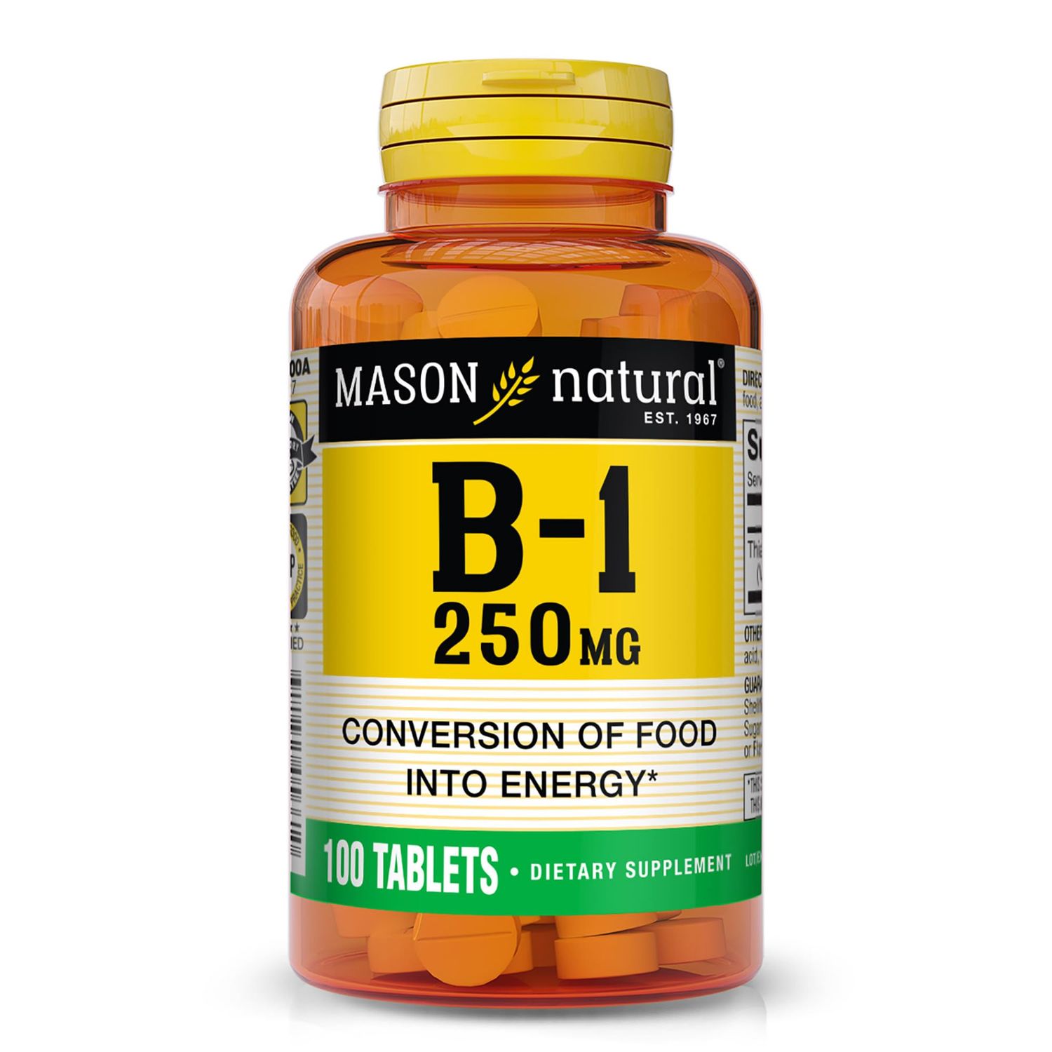 MASON NATURAL Vitamin B-1 Thiamine 250 mg, 100 Day Supply Dietary Supplement, Easy-to-Swallow Tablets, Support Energy Production &amp; Healthy Metabolism