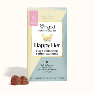 Winged Happy Her Mood Gummies | Happy Mind &amp; Positive Feelings | Clinically-Studied Saffron Extract, Lions Mane, Lemon Balm, Vitamin D, L-Tyrosine &amp; Chaste Tree Extracts | Cherry Berry Flavor (42ct)