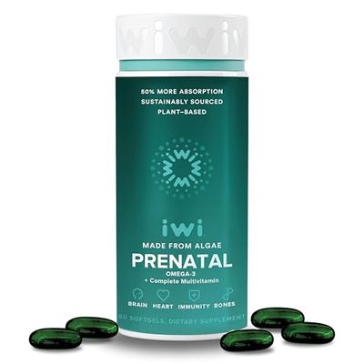 Iwi Life Prenatal Multivitamin, 60 Softgels (30 Servings), Vegan, Plant-Based Algae Omega 3 with EPA + DHA, Folate, Iron, Vitamin A, B12, C, D3, Calcium, Pregnancy Dietary Supplement for Mom &amp; Baby
