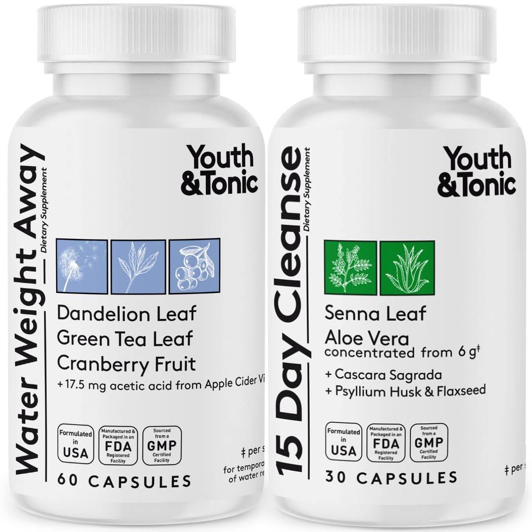 Youth &amp; Tonic Jumpstart Cleanse - Water Weight Away Pills &amp; 15 Day Colon Detox &amp; Gut Cleanser for Bloating, Energy, and Metabolism Support - Aids in Shedding Excess Fluids for a Lighter Body - 90 Caps