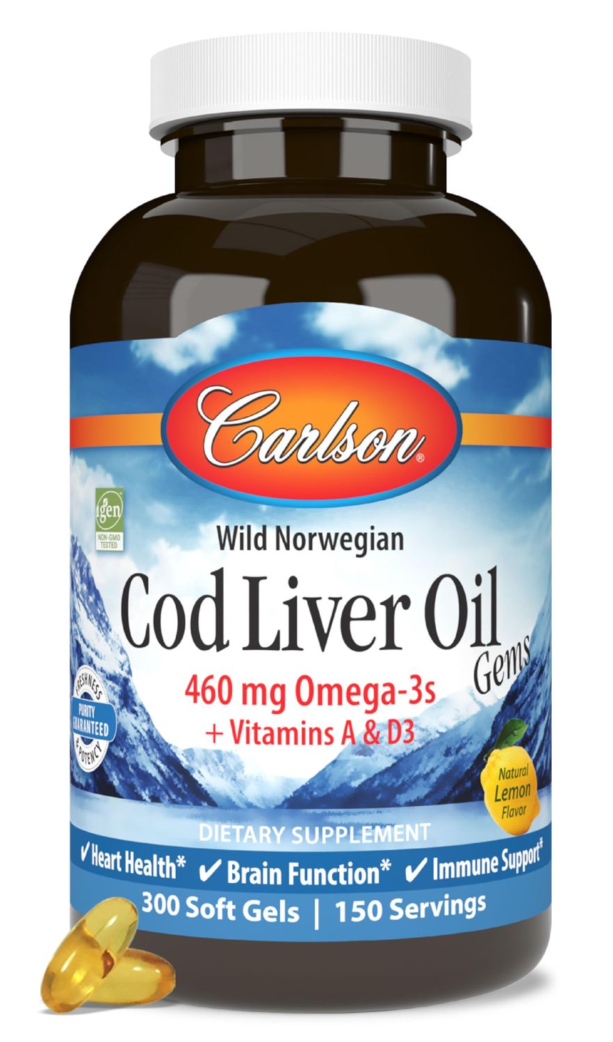 Carlson - Cod Liver Oil, 460 mg Omega-3s + Vitamins A &amp; D3, Wild-Caught Norwegian Arctic Cod-Liver Oil, Sustainably Sourced Nordic Fish Oil Capsules, Lemon, 300 Softgels
