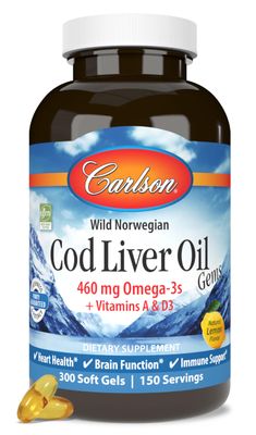 Carlson - Cod Liver Oil, 460 mg Omega-3s + Vitamins A &amp; D3, Wild-Caught Norwegian Arctic Cod-Liver Oil, Sustainably Sourced Nordic Fish Oil Capsules, Lemon, 300 Softgels