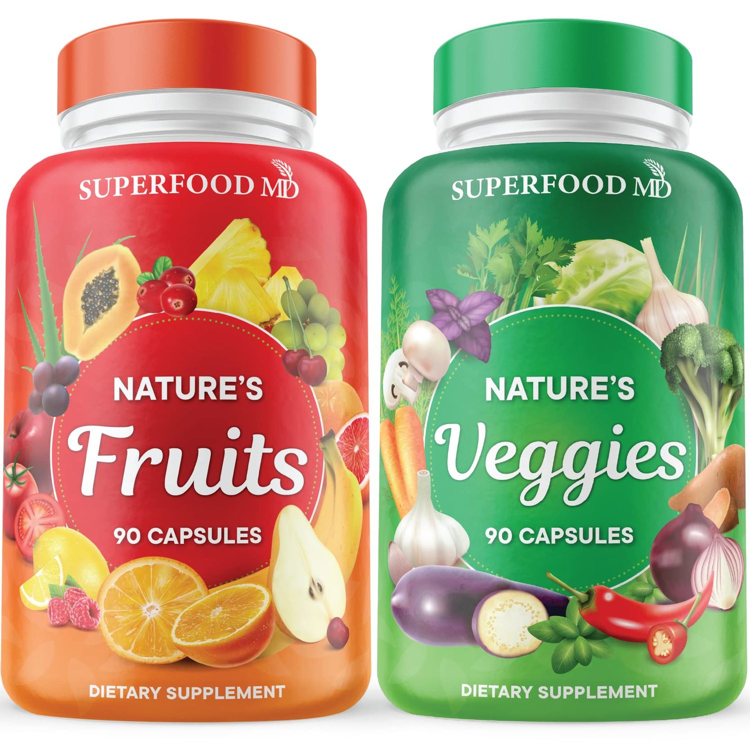 Superfood MD Fruits and Veggies Supplement - 90 Fruit and 90 Veggie Capsules - Supports Energy Levels, High Lycopene, Vitamins &amp; Minerals -Made in The USA - 90 Count (Pack of 2)
