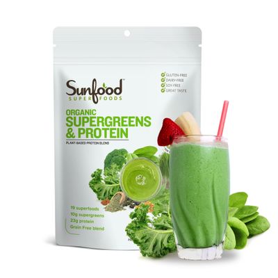Sunfood Organic Supergreens &amp; Protein | New Plant-Based Protein Blend (Pea, Hemp, Almond, Pumpkin) 19 Green Superfoods, Enzymes &amp; Probiotics | Gluten, Soy &amp; Dairy Free | Zero Fillers Additives | 8 oz