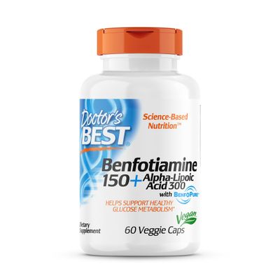 Doctor&#39;s Best Benfotiamine 150 + Alpha-Lipoic Acid 300, Non-GMO, Vegan, Gluten Free, Promotes Healthy Blood Sugar, 60 Veggie Caps